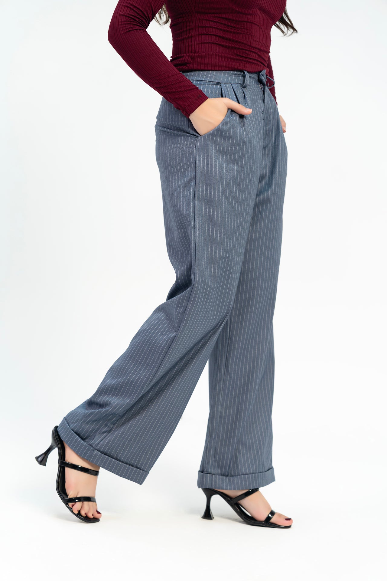 Wide Leg Pleated Pants with Turnup - Grey White Pinstripe