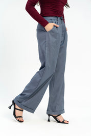 Wide Leg Pleated Pants with Turnup - Grey White Pinstripe