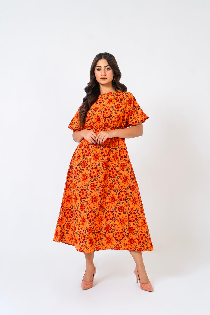Elastic Waist Dress - Orange Floral