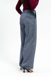 Wide Leg Pleated Pants with Turnup - Grey White Pinstripe