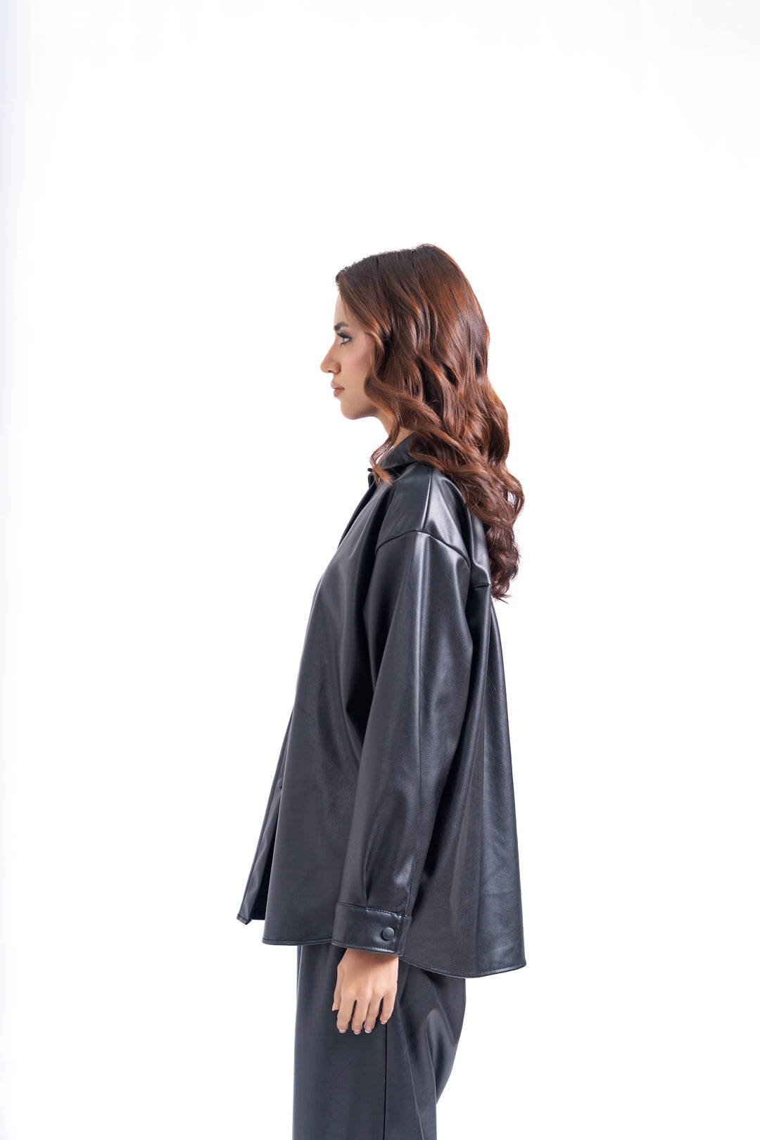 Oversized Shirt with Pleat at Back in Faux Leather - Black