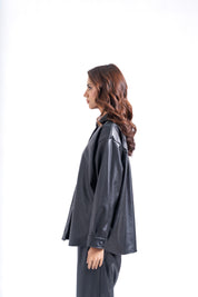 Oversized Shirt with Pleat at Back in Faux Leather - Black