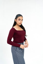 Square Neck Cropped Top - Burgundy