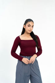 Square Neck Cropped Top - Burgundy