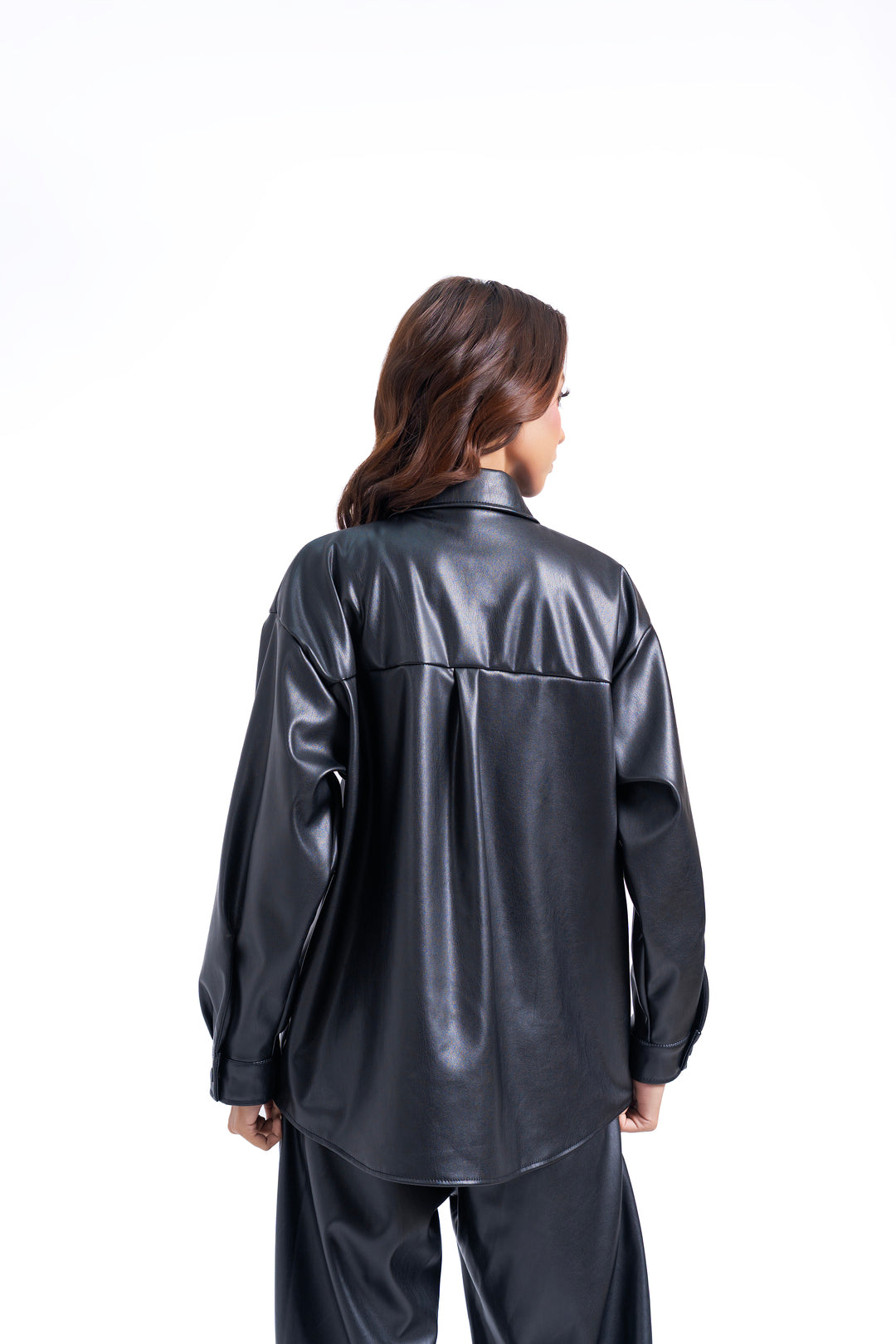 Oversized Shirt with Pleat at Back in Faux Leather - Black