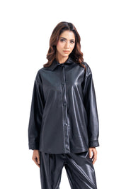 Oversized Shirt with Pleat at Back in Faux Leather - Black