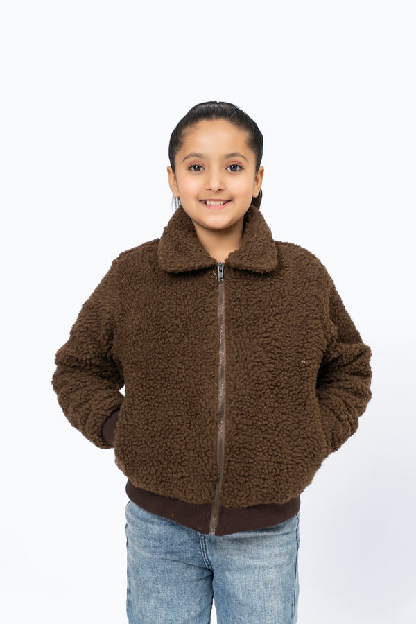 Girls Teddy Faux Fur Jacket w Rib Detail - Chocolate Brown