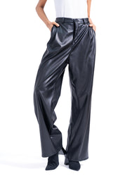 Wide Leg Plated Pant - Black (Faux Leather)