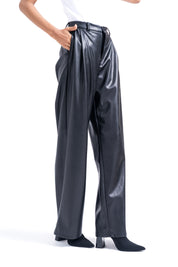 Wide Leg Plated Pant - Black (Faux Leather)