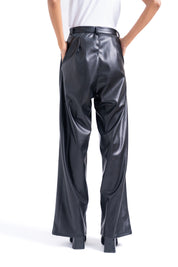 Wide Leg Plated Pant - Black (Faux Leather)