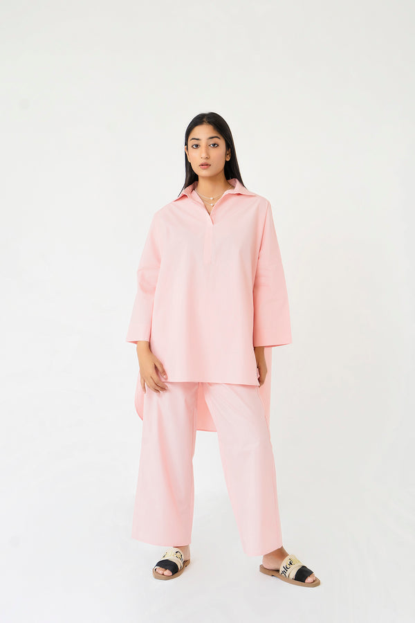 High Low Collared Tunic - Rose Pink