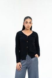 Ribbed V Neck Top - Black