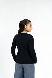 Ribbed V Neck Top - Black