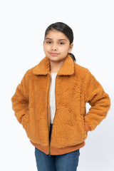 Girls Teddy Faux Fur Jacket w Rib Detail - Camel