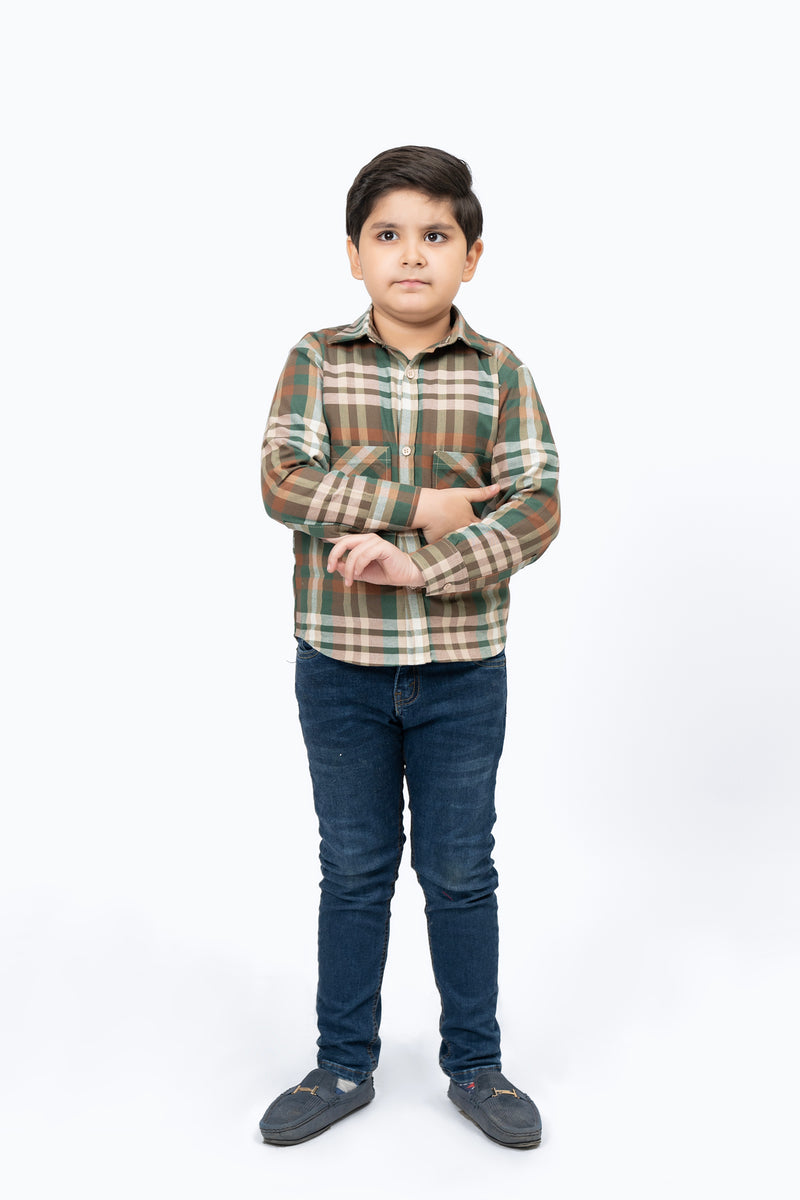Boys Overshirt with Pockets in Flannel - Green White Check