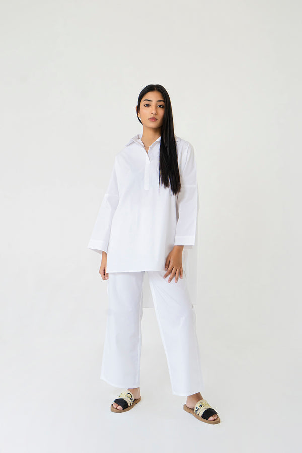 High Low Collared Tunic - White