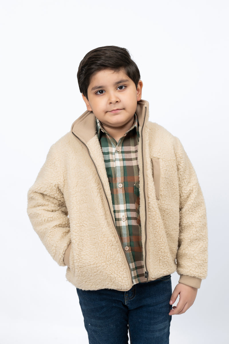 Boys Sherpa Jacket with Contrast Detail - Beige