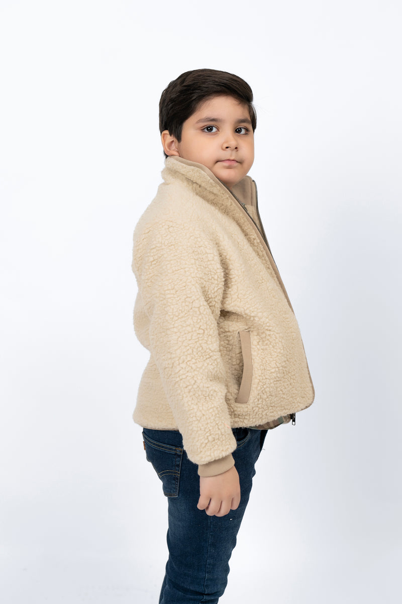 Boys Sherpa Jacket with Contrast Detail - Beige