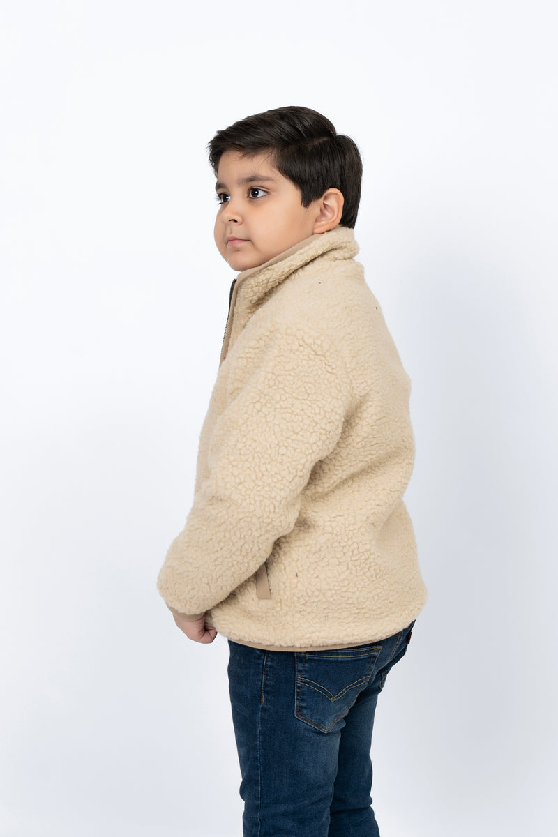 Boys Sherpa Jacket with Contrast Detail - Beige