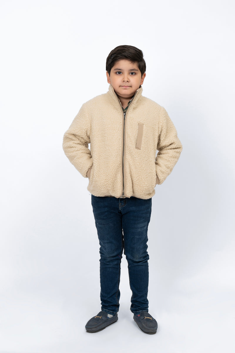 Boys Sherpa Jacket with Contrast Detail - Beige