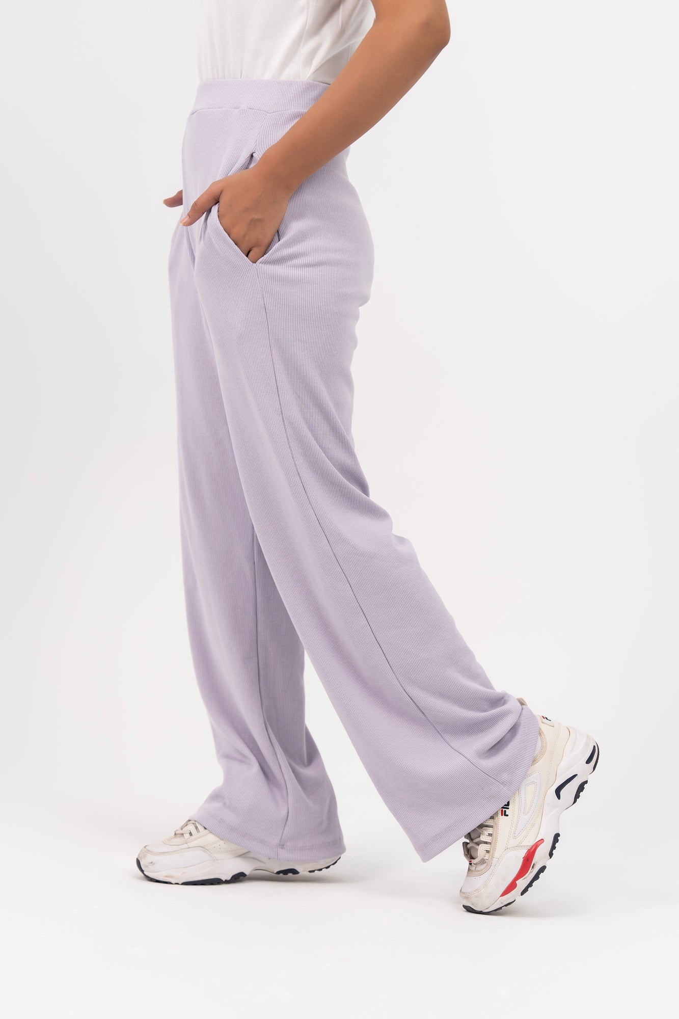 Rib Knit Wide Leg Pant with Pocket - Light Lilac