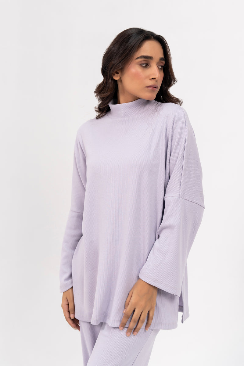 High Neck Oversized Knit Top - Light Lilac