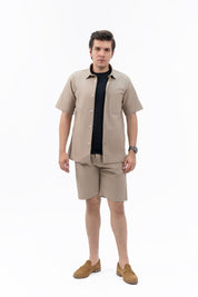 Men's Regular Fit Short Sleeved Linen Shirt - Dark Beige