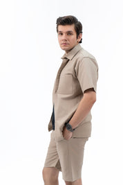 Men's Regular Fit Short Sleeved Linen Shirt - Dark Beige