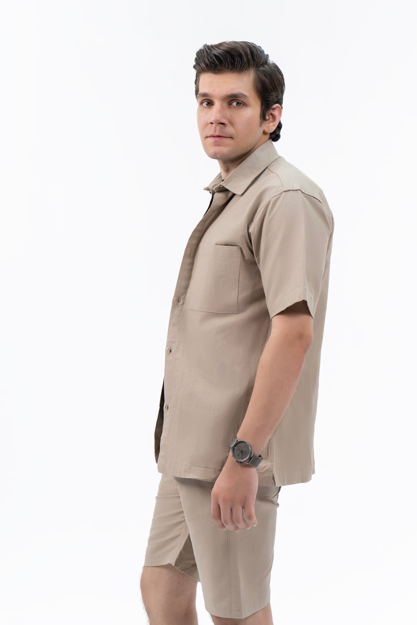 Men's Regular Fit Short Sleeved Linen Shirt - Dark Beige