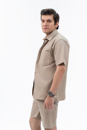 Men's Regular Fit Short Sleeved Linen Shirt - Dark Beige