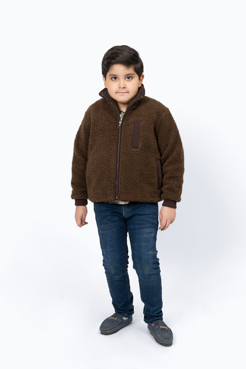 Boys Sherpa Jacket with Contrast Detail -  Chocolate Brown