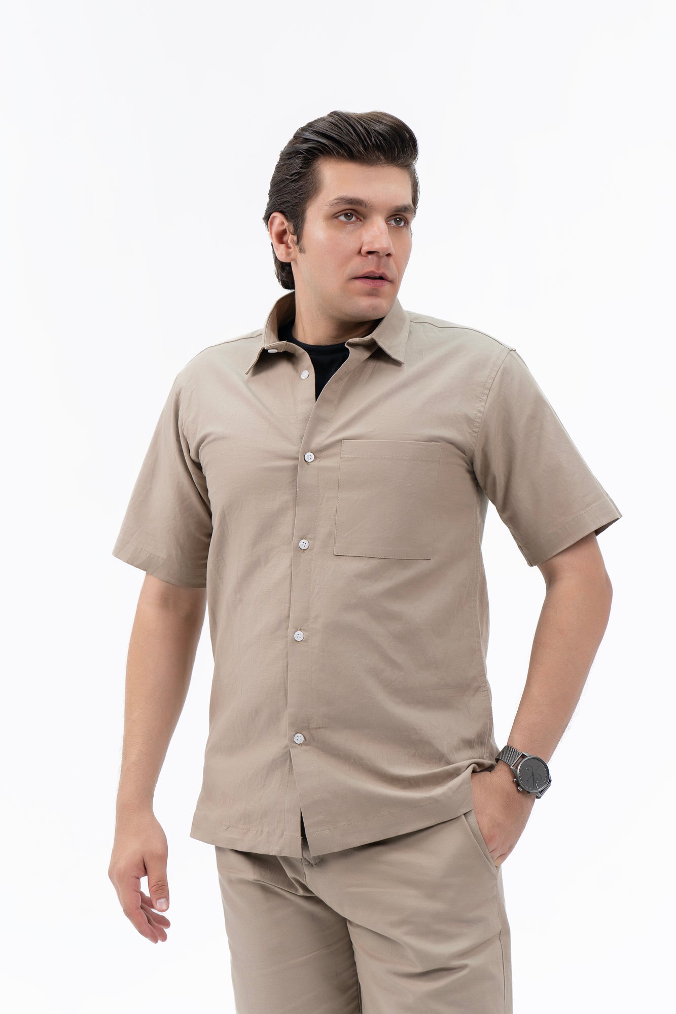 Men's Regular Fit Short Sleeved Linen Shirt - Dark Beige