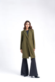 Classic One-Button Wool Coat - Olive Green