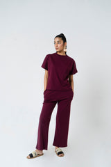 Rib Knit Pant (removable belt)  - Maroon