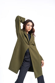 Classic One-Button Wool Coat - Olive Green