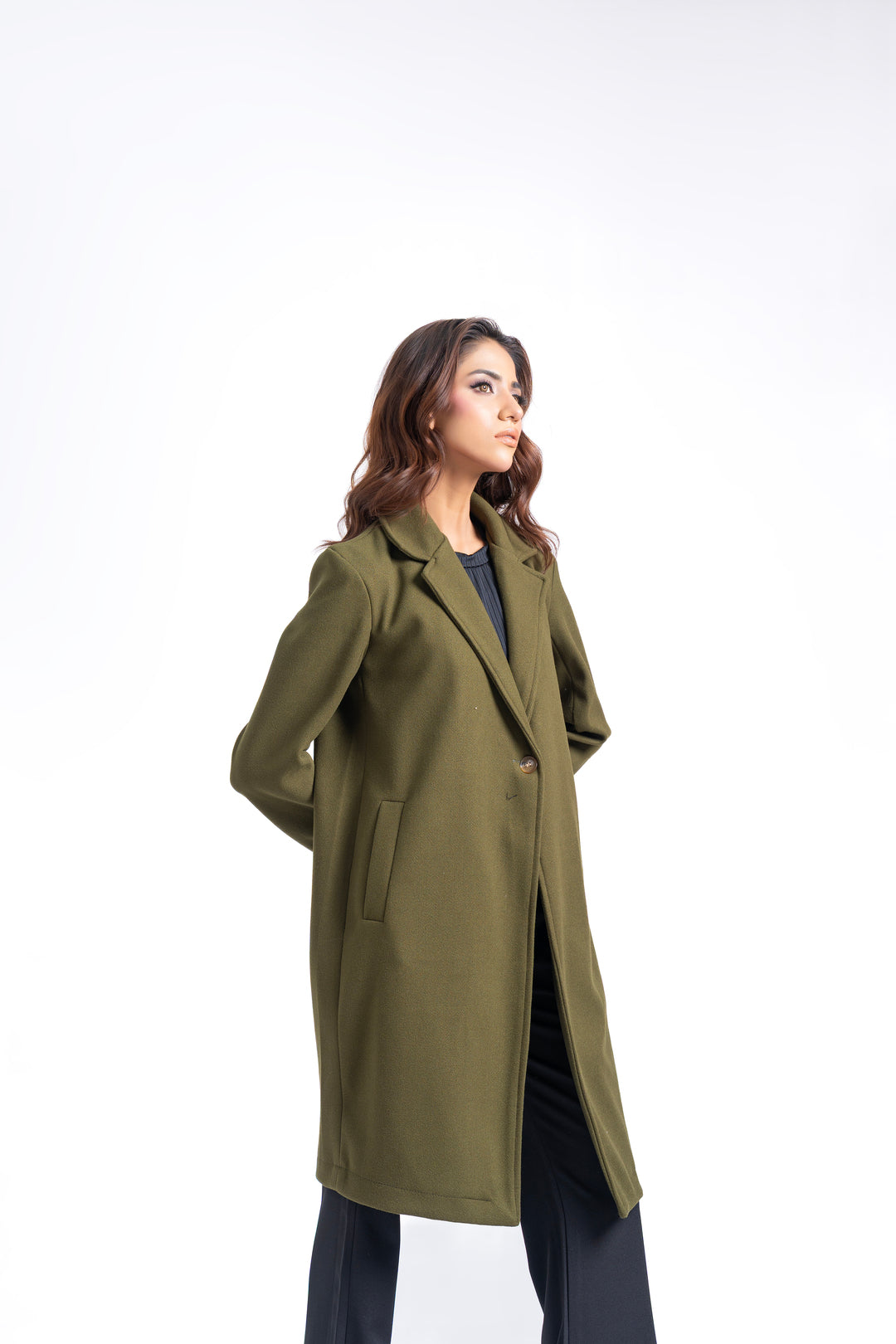 Classic One-Button Wool Coat - Olive Green