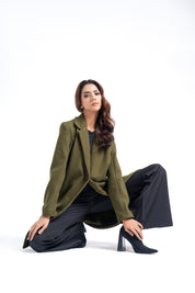 Classic One-Button Wool Coat - Olive Green