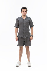 Men's Relaxed Fit Waffled Resort Shirt - Black White Striped