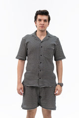 Men's Relaxed Fit Waffled Resort Shirt - Black White Striped