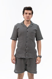 Men's Regular Fit Waffled Shorts - Black White Striped