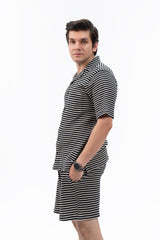 Men's Relaxed Fit Waffled Resort Shirt - Black White Striped