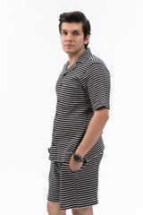 Men's Relaxed Fit Waffled Resort Shirt - Black White Striped