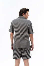 Men's Relaxed Fit Waffled Resort Shirt - Black White Striped