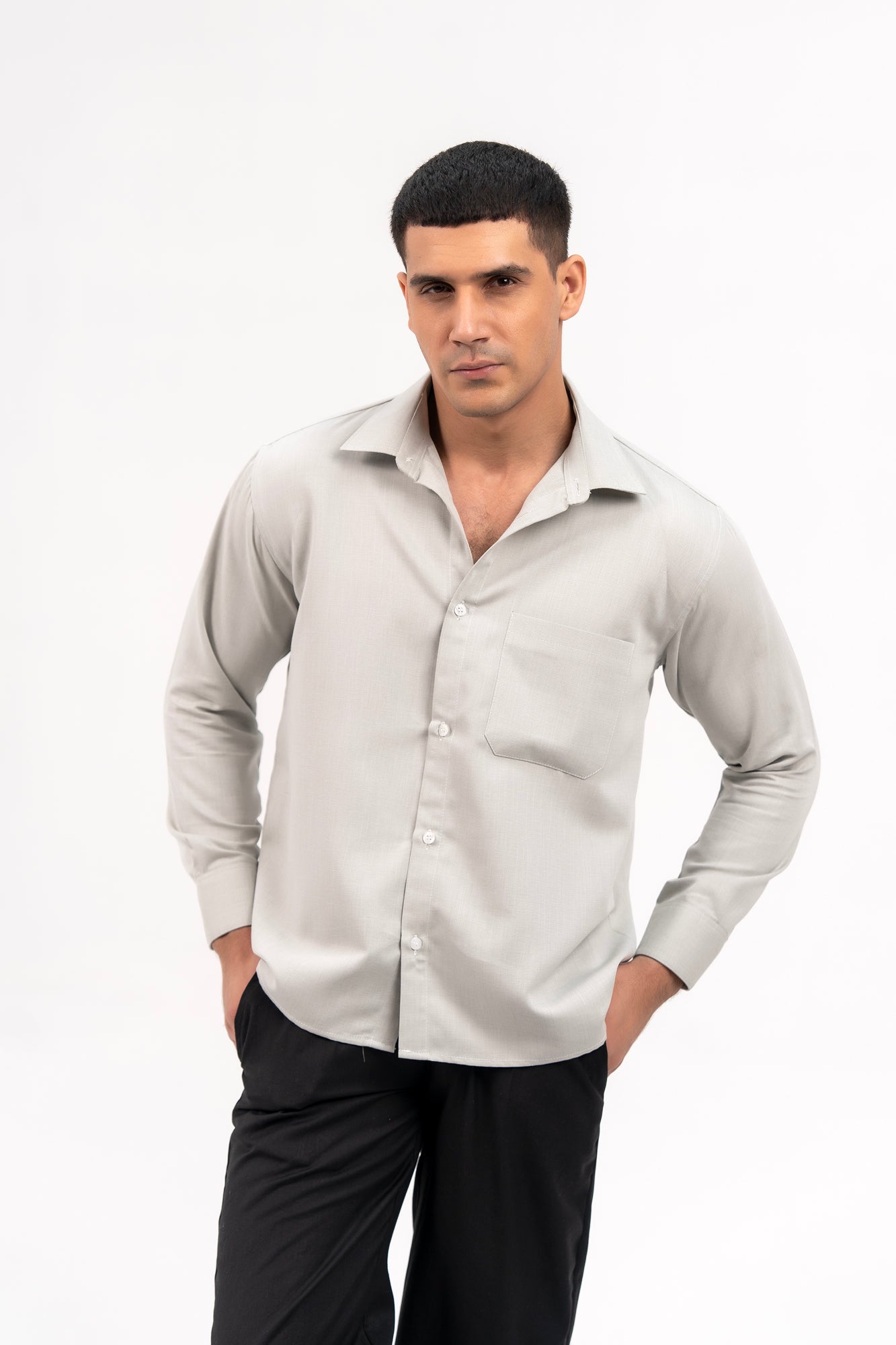 Men's Boxy Fit Full Sleeve Shirt - Light Grey