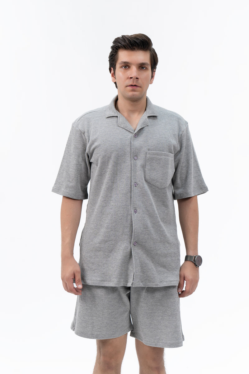 Men's Relaxed Fit Waffled Resort Shirt - Light Grey