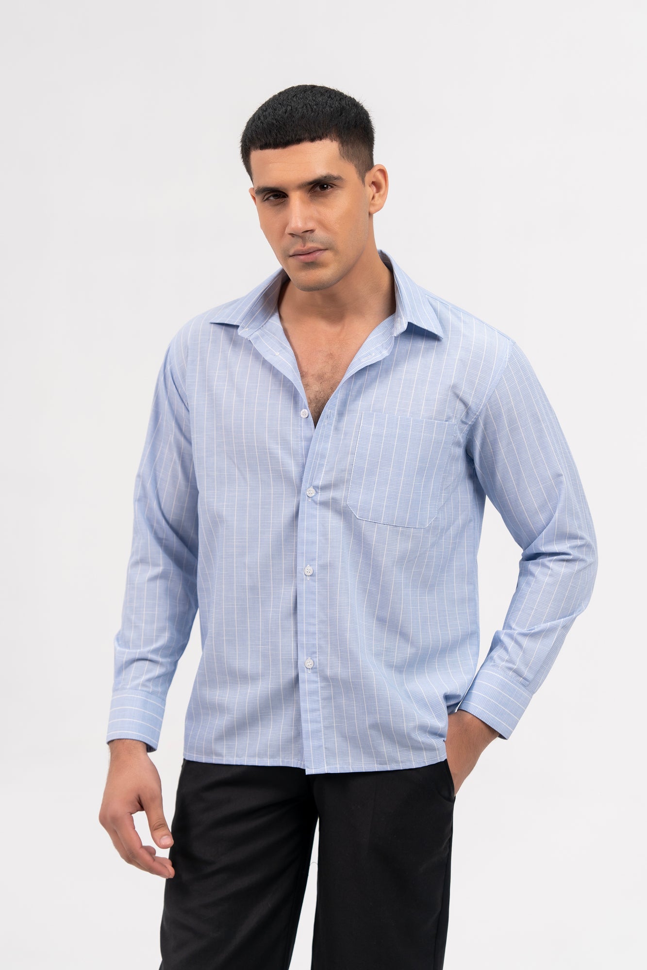 Men's Boxy Fit Full Sleeve Shirt - Light Blue white Striped