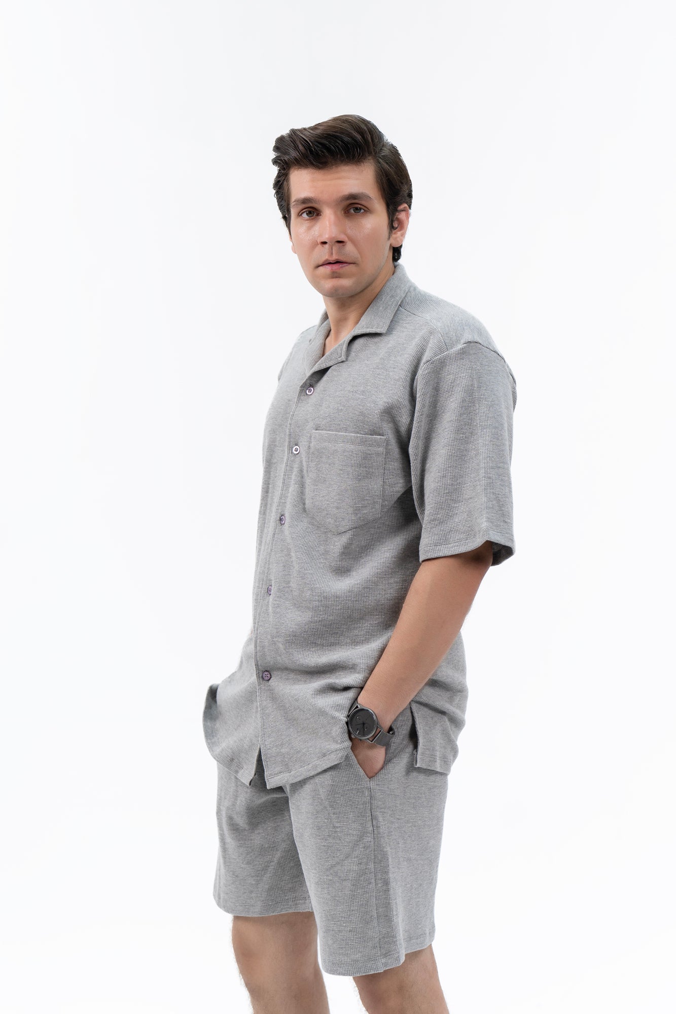 Men's Relaxed Fit Waffled Resort Shirt - Light Grey