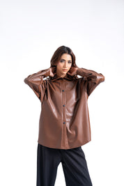 Oversized Shirt with Pleat at Back in Faux Leather - Brown