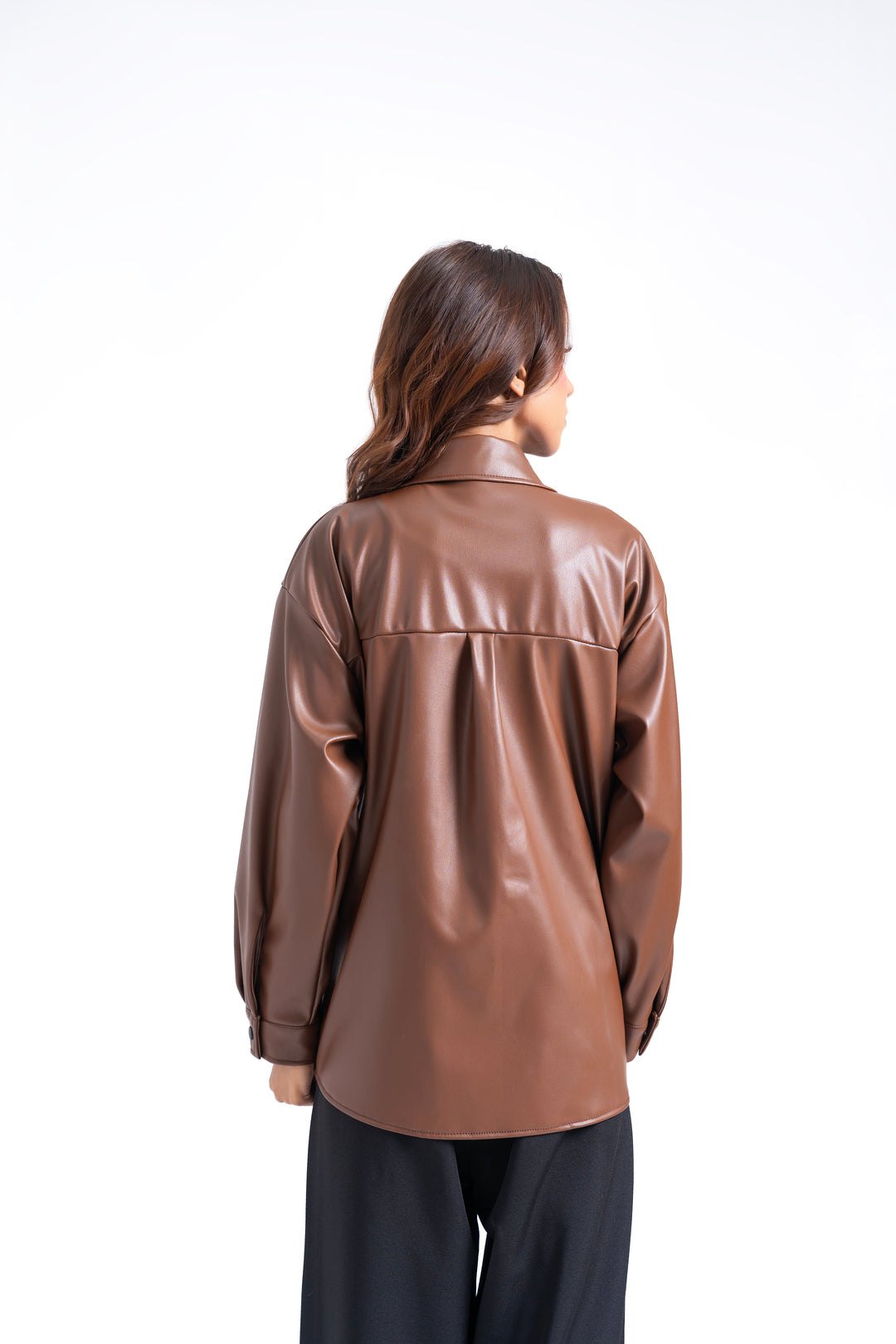 Oversized Shirt with Pleat at Back in Faux Leather - Brown