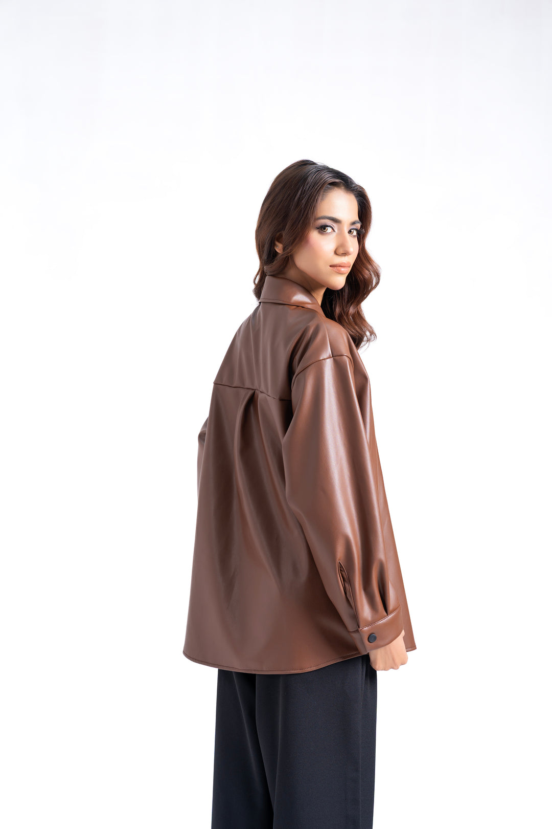Oversized Shirt with Pleat at Back in Faux Leather - Brown